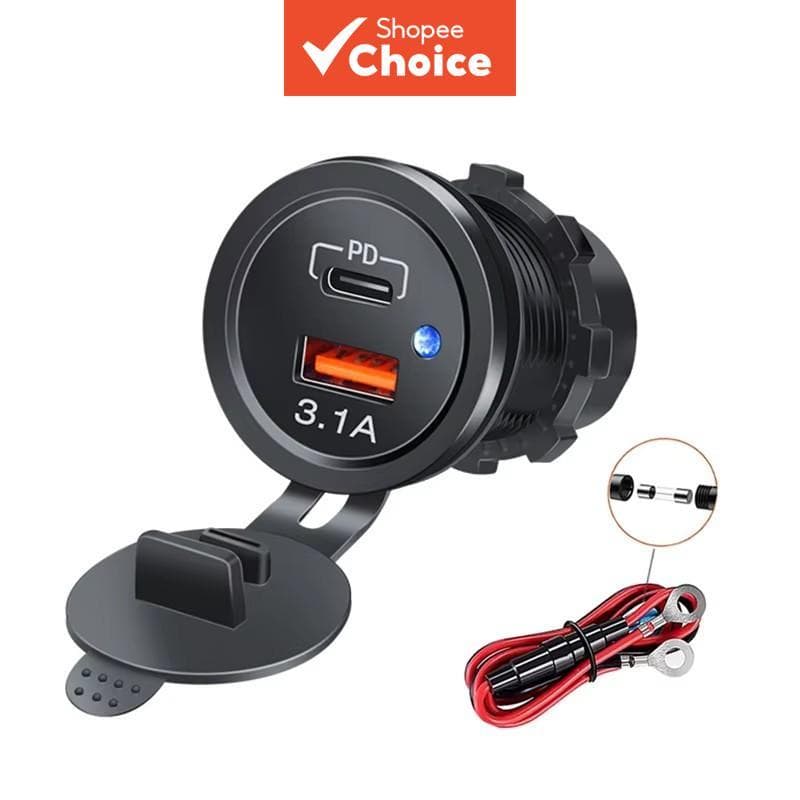 2025 Novo Carregador de Carro e Motocicleta Luz LED USB Tipo-C Carregador de Tomada de Energia Isqueiro à Prova d'Água