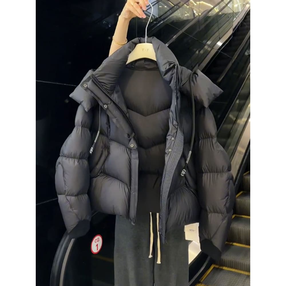 Único Super bonito preto curto para baixo jaqueta feminina inverno 2025 novo estilo pequeno estilo coreano pão jaqueta g