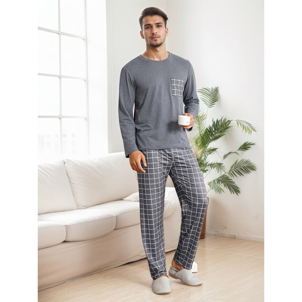 Masculino simples xadrez em torno do pescoço camisa de manga comprida elegante conjunto de pijamas cinza, confortável pe