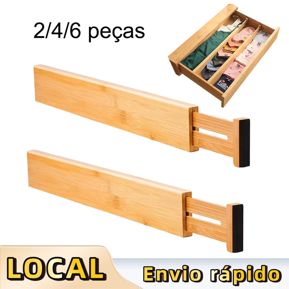 Pacote 2/4/6 Divisórias Bambu 43-56cm - Ajustável com Mola, para Cômoda e Armário, Fácil Instalação