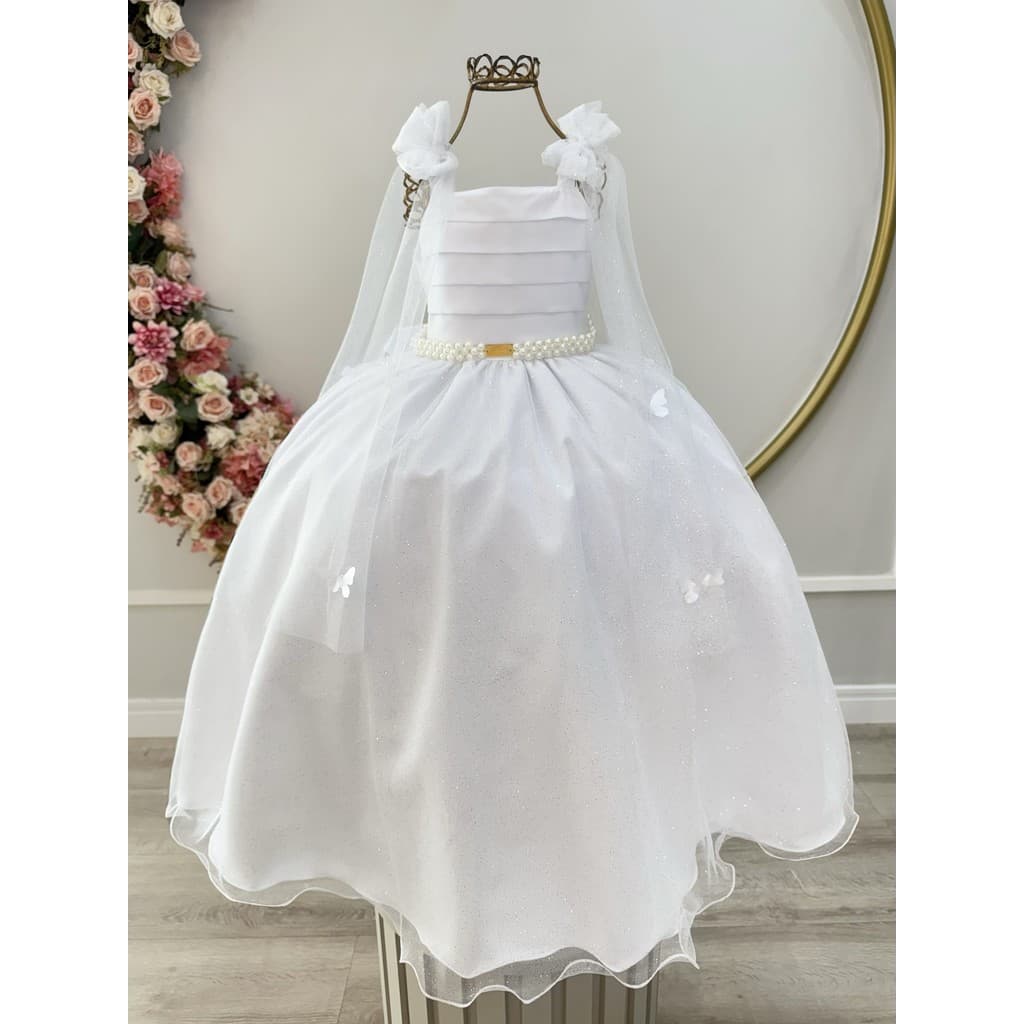 Vestido Infantil Longo Branco Borboletas Luxo Princesa Batizado