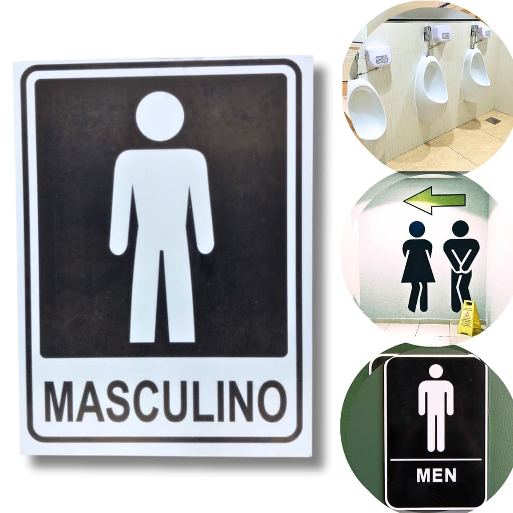 Placa de Sinalização Banheiro Masculino 20x15 cm – Preto