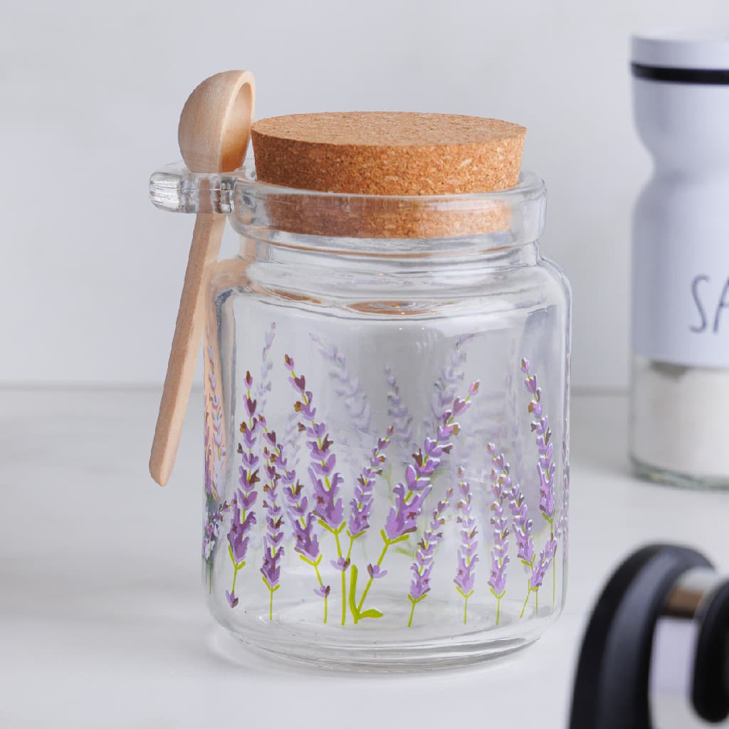 Porta Condimentos Lyor Provence 250ml com Colher e Suporte Lavanda Transparente Tempeiros Organizador Bancada Redondo