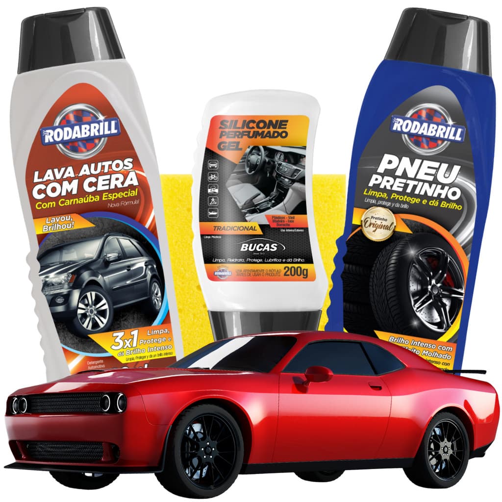 Kit Acabamento Para Lavar Carro 3 Em 1 Shampoo Com Cera + Pretinho + Silicone - Grátis Esponja De Aplicação