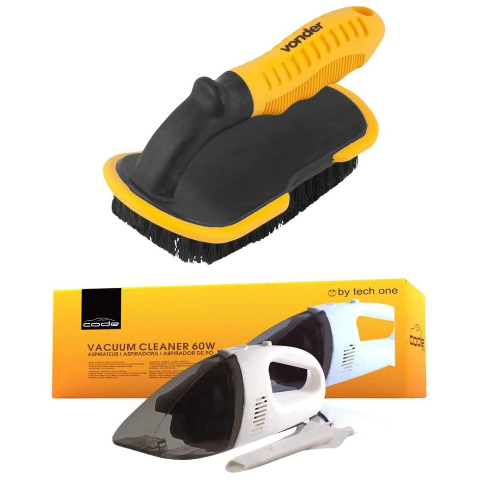 Kit Limpeza Automotiva: Escova Cerdas Nylon e Aspirador Portátil 12V para Carros