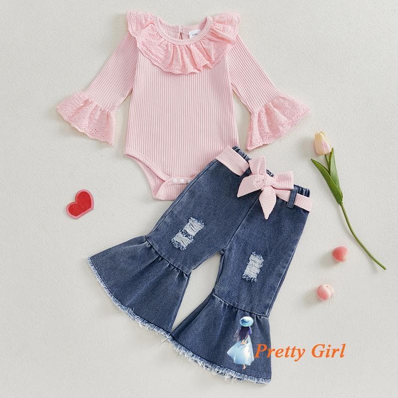 Mellifluous-Roupas De 2 Peças Para Bebês Meninas Com Babados , Manga Comprida , Macacão E Calças Jeans Rasgadas , Outono