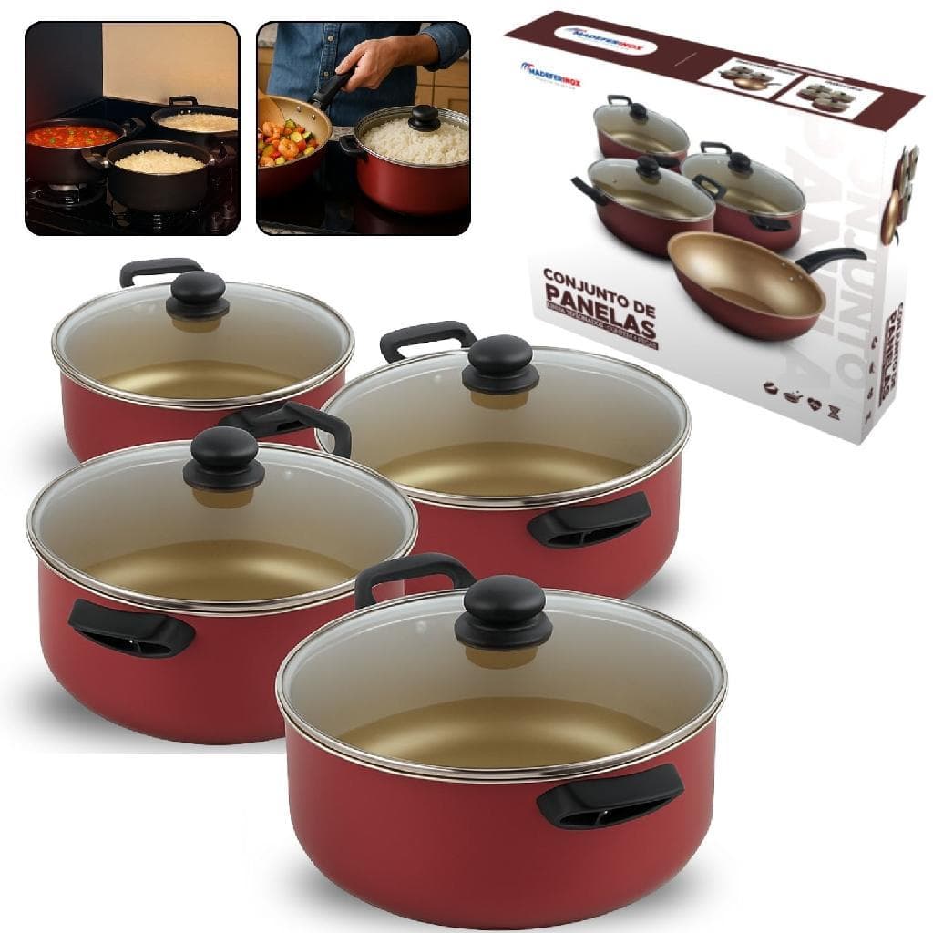 Jogo de Panelas Antiaderente Teflon Kit 4 Peças Premium Conjunto Com Tampa de Vidro