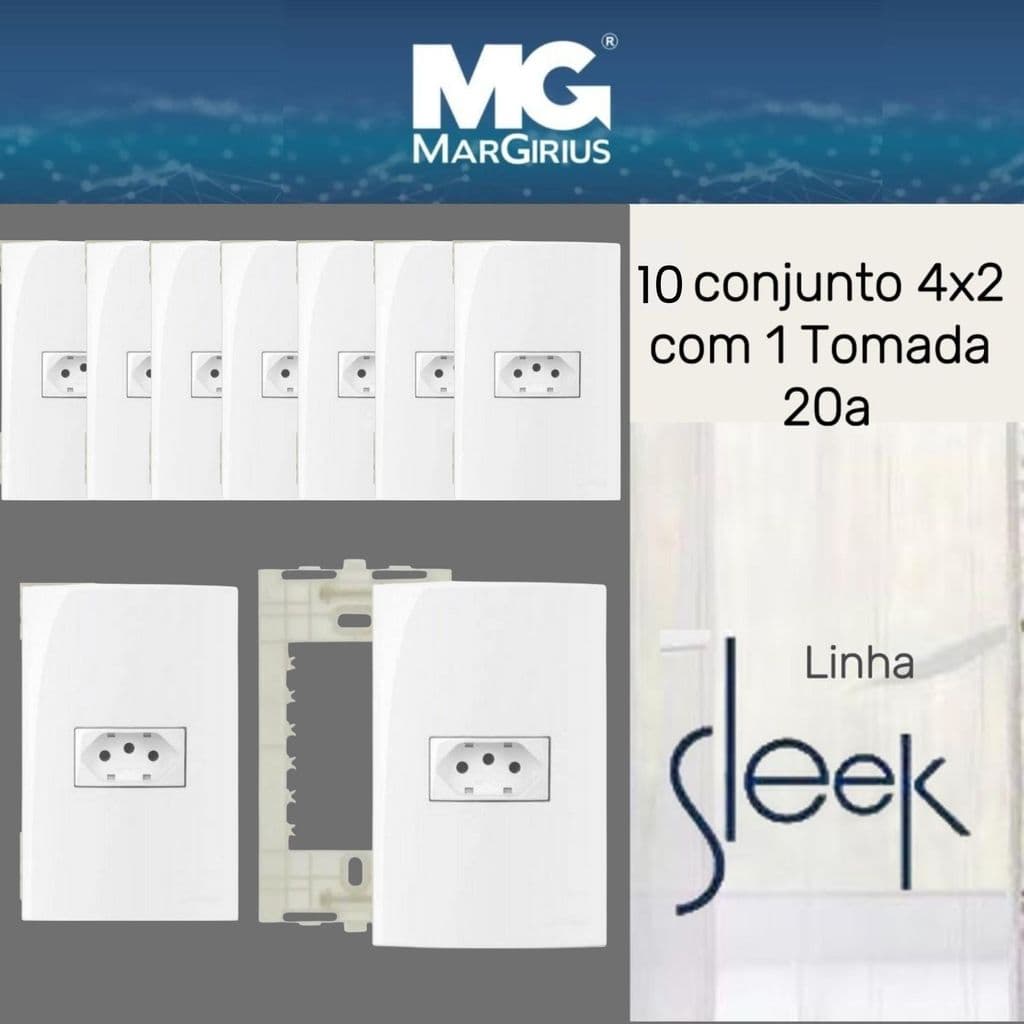 Kit 10 Conjunto 4x2 com 1 Tomada 20A Branco Sleek Margirius