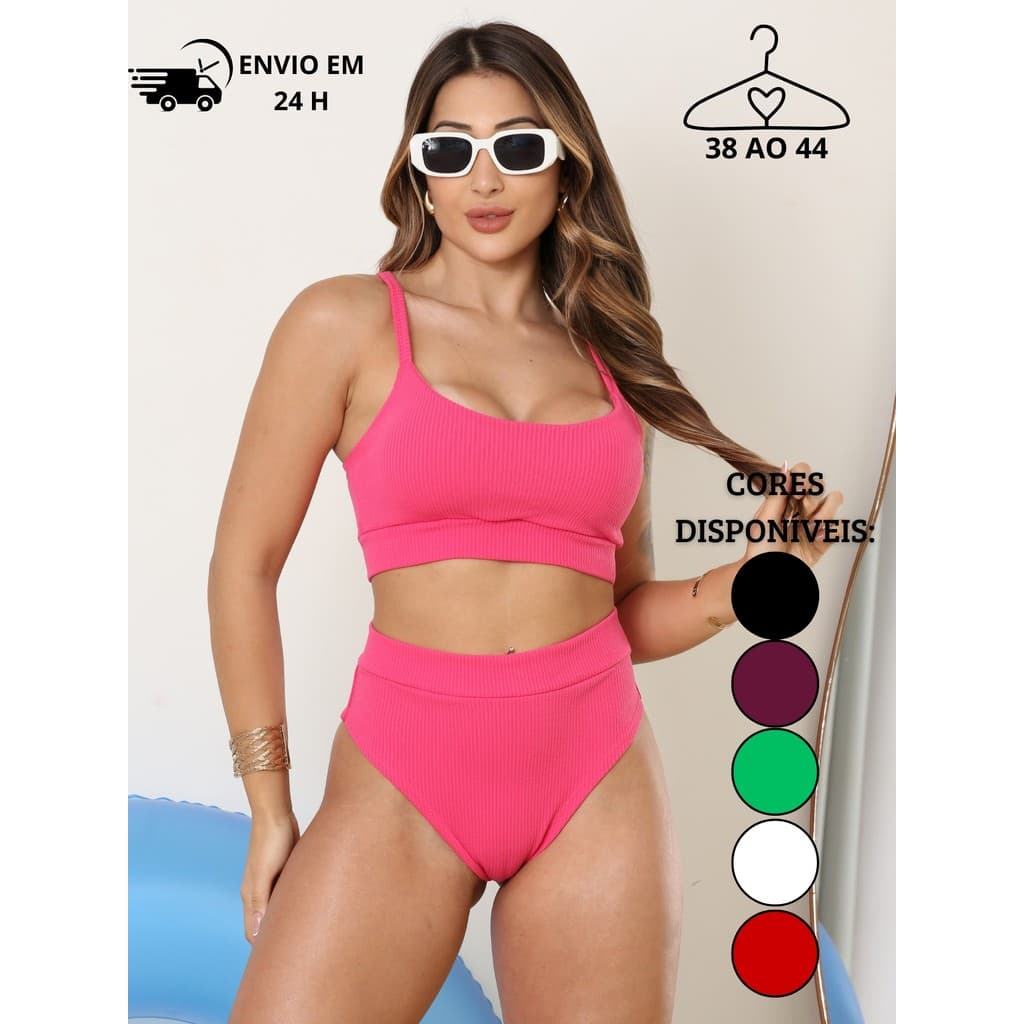 Bikíni Conjunto Calcinha HotPants Cintura Alta de Anarruga Tecido Duplo/Top com Bojo/Conjunto moda Praia Verão premium