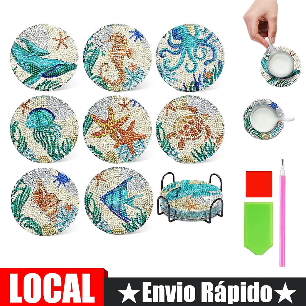 Porta-copos estilo oceano DIY adesivos de diamante 8 peças + porta-copos combinação porta-copos diâmetro 10 cm com placa