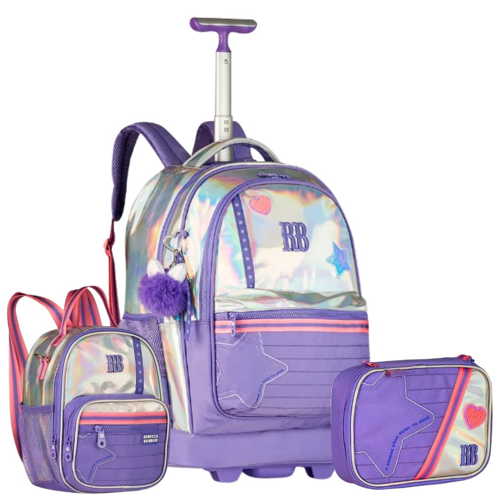 Kit Mochila De Rodinhas Holográfica C/ Estojo Box P/ 36 Pens e Lancheira Térmica Transversal Rebecca Bonbon Juvenil Clio