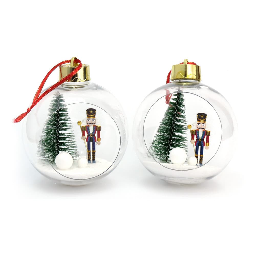 Kit 4 Bolas de Natal 10cm Transparente Nevado com Soldado, Mini Árvore - Enfeite com Detalhe Dourado para Árvore