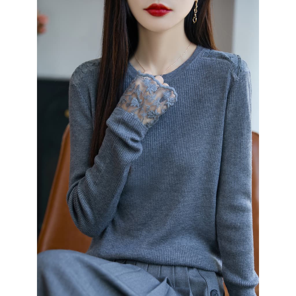 Outono inverno novo estilo em torno do pescoço camisola feminina solta manga interna renda costura confortável primavera