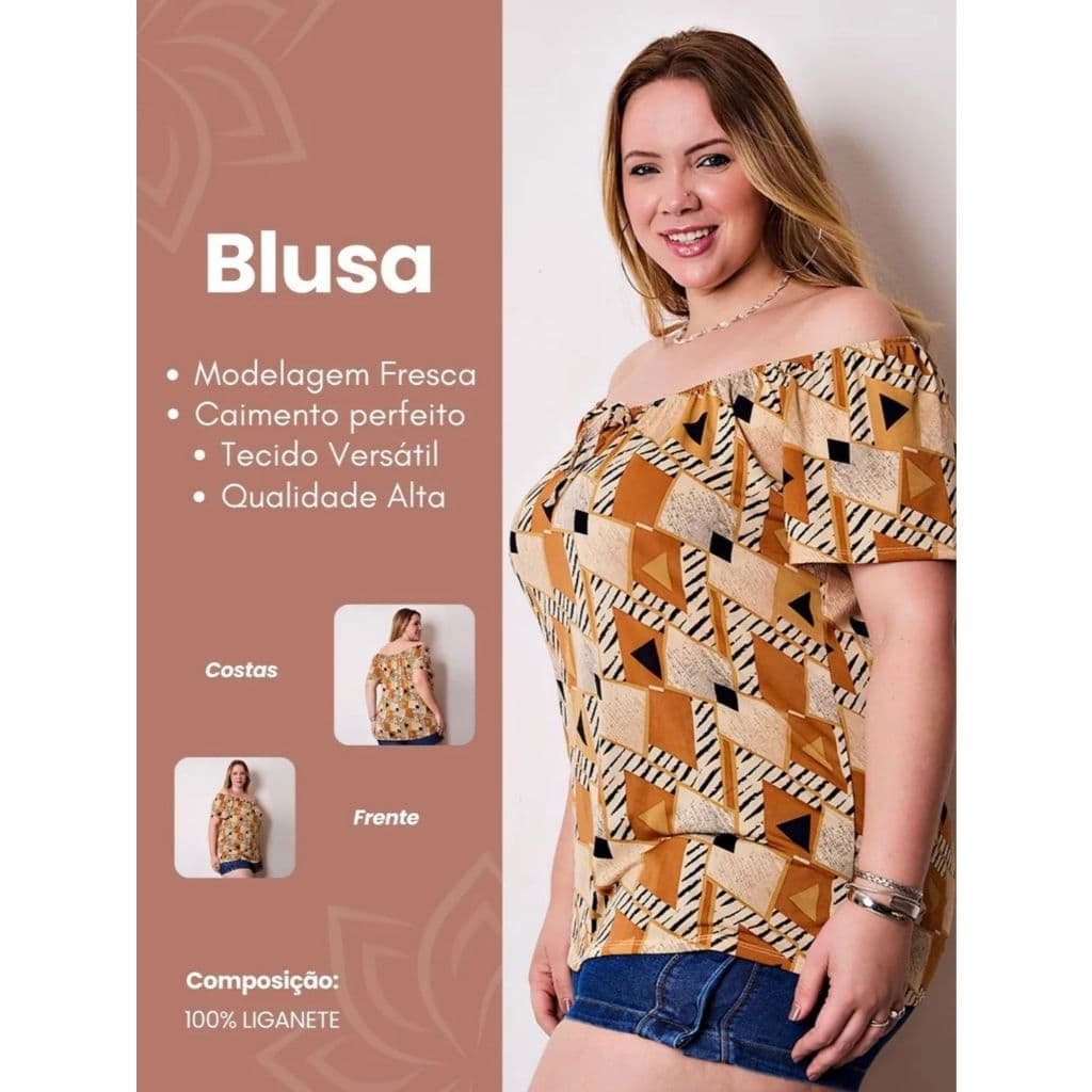Blusa Bata Ciganinha Plus Size Casual Estampada Confortável Ombro a Ombro