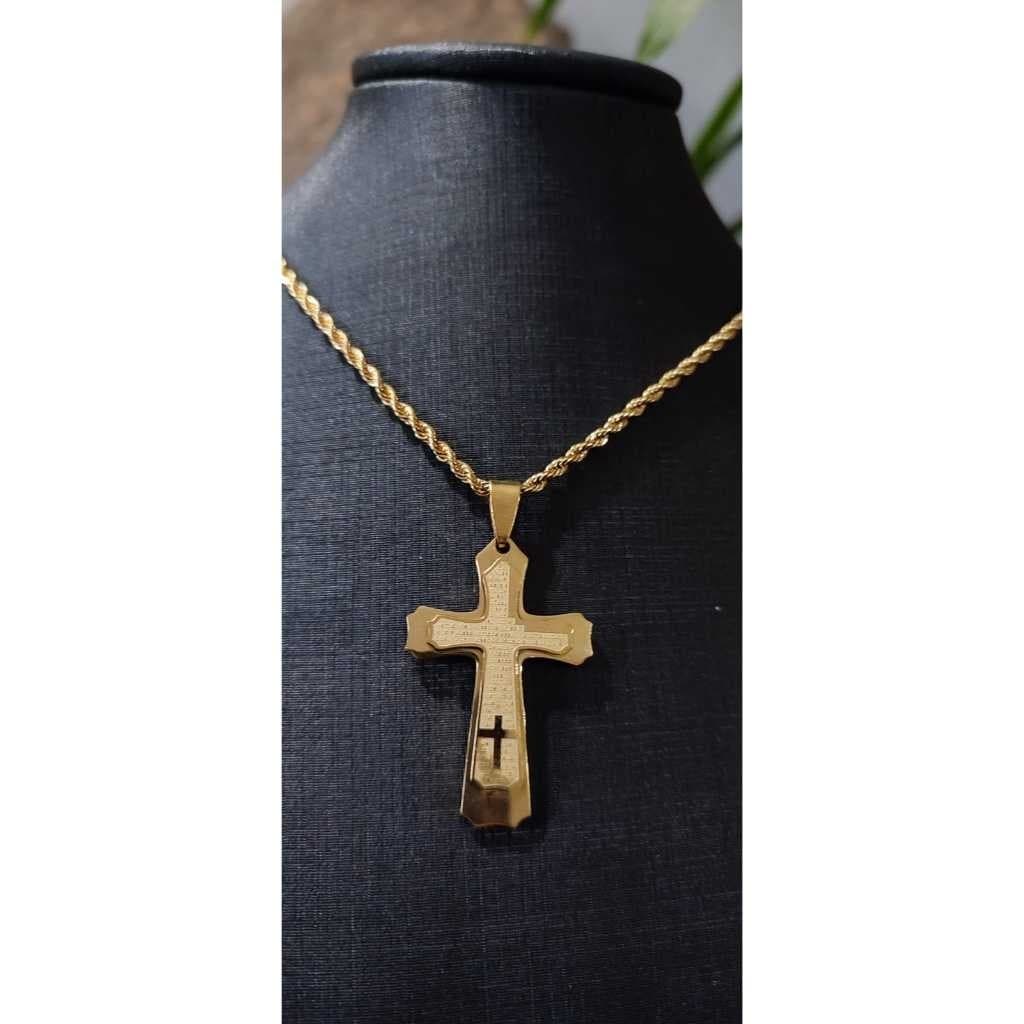 Pingente Crucifixo Pai Nosso Dourado Aço Inoxidavel Infantil Unissex