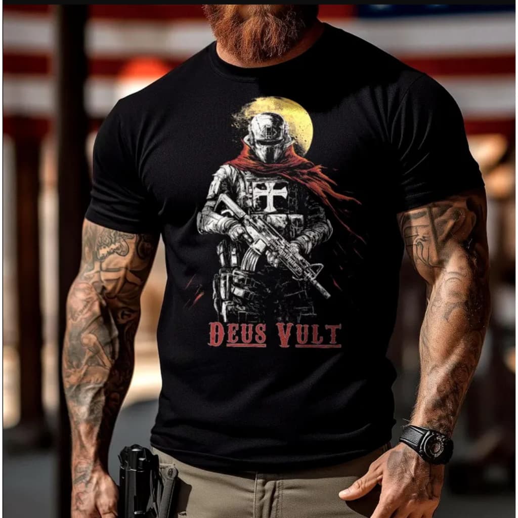 Camiseta Masculina Plus Size Em Puro Algodão Com Estampa De Arma De Cavaleiro Templário E Cruz