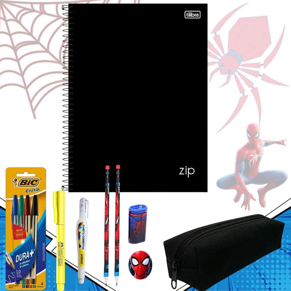 KIT CADERNO ZIP PRETO 10 MAT ESTOJO CANETA BIC ERROREX MARCATEXTO BORRACHA LAPIS APONTADOR SPIDERMAN