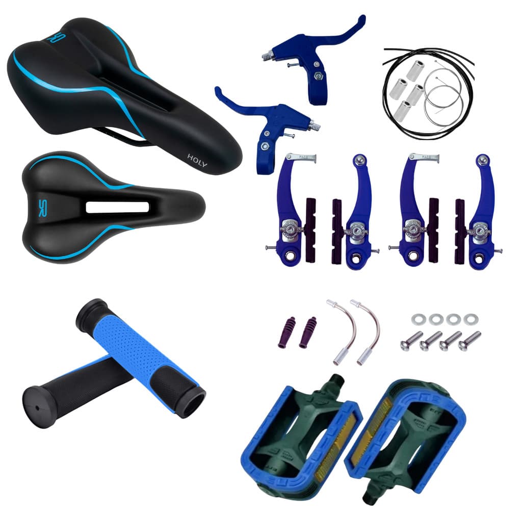 KIT SELIM SELA BANCO PROVA D'ÁGUA + MANOPLA + PEDAL BICOLOR ROSCA FINA + FREIO COMPLETO COLORIDO ARO 20 24 26 29