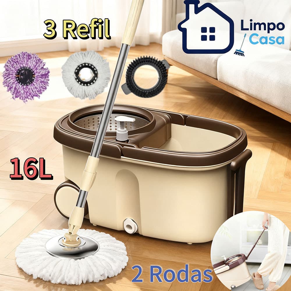 Esfregona giratória removível cabo de 140 cm + 3 pacotes de reposição boa absorção de água com balde de aço inoxidável