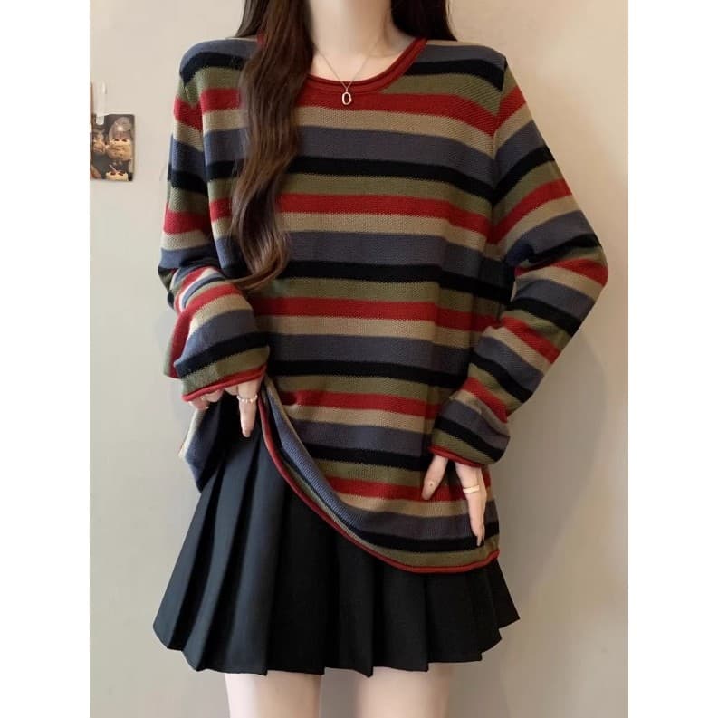 Bonito gigante olhando listrado camisola topo outono novo estilo Plus Size roupas femininas gordura mm cobrindo carne Bo