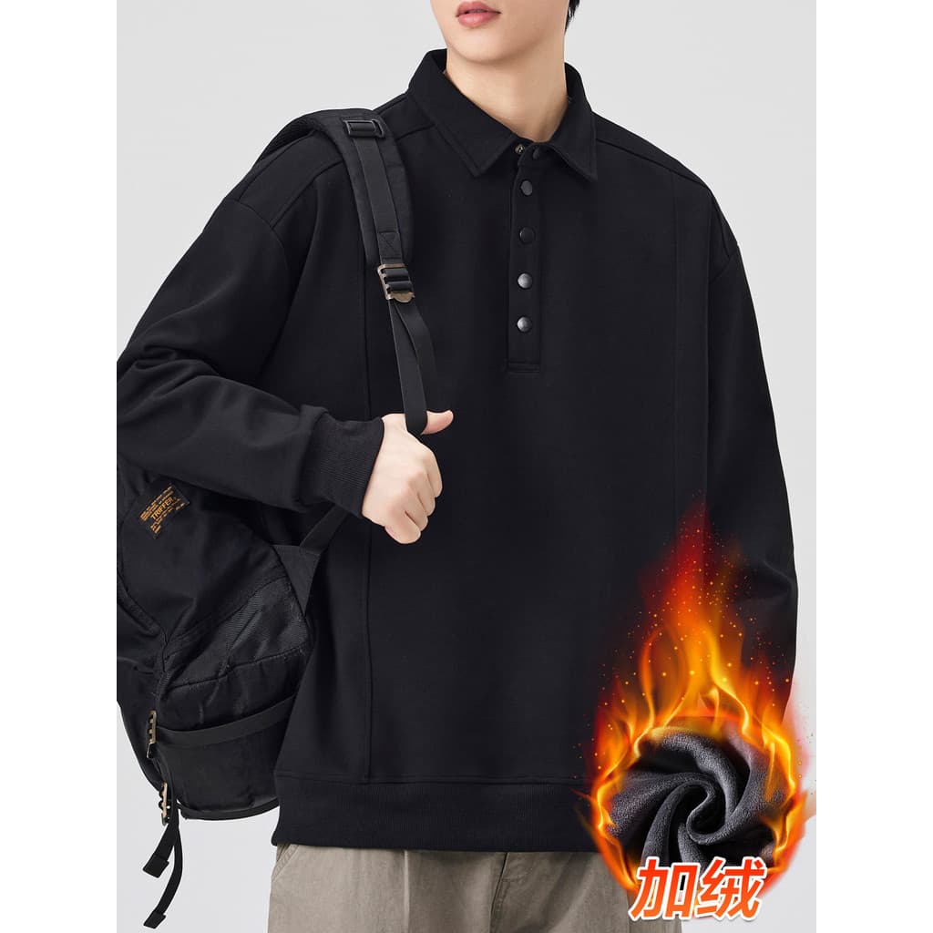 Outono inverno pulôver forro de lã moletom masculino manga comprida lapela roupas superiores roupas masculinas roupas de
