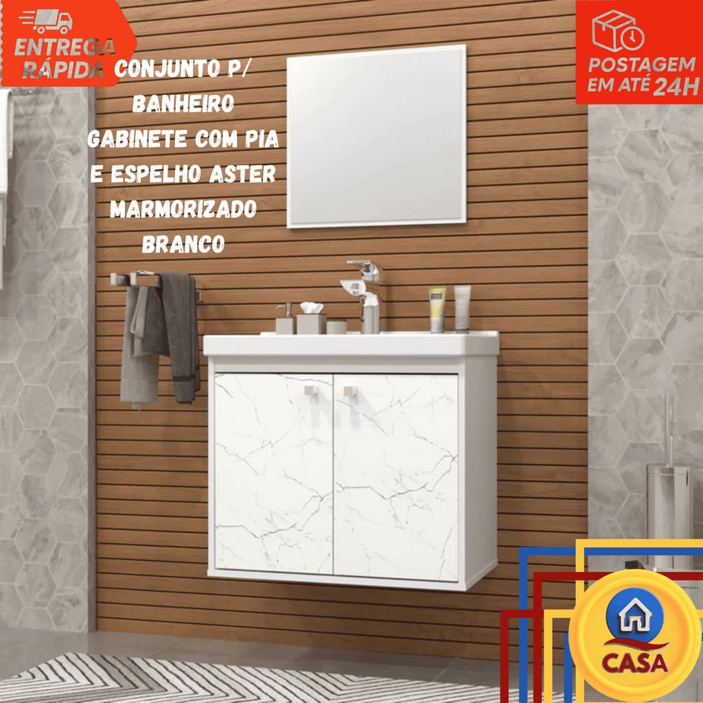 Kit Gabinete Armario de Banheiro Cuba Pia Com Espelheira  Aster
