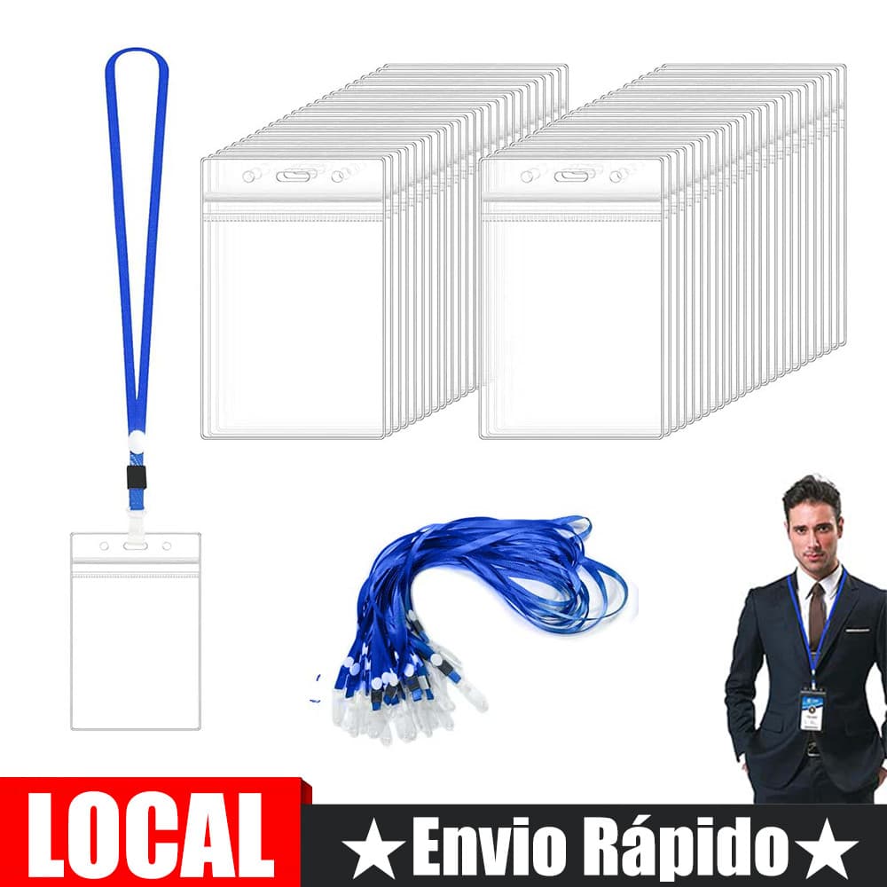 50 porta-crachás verticais transparentes   Porta-crachás   com 50 cordões azuis