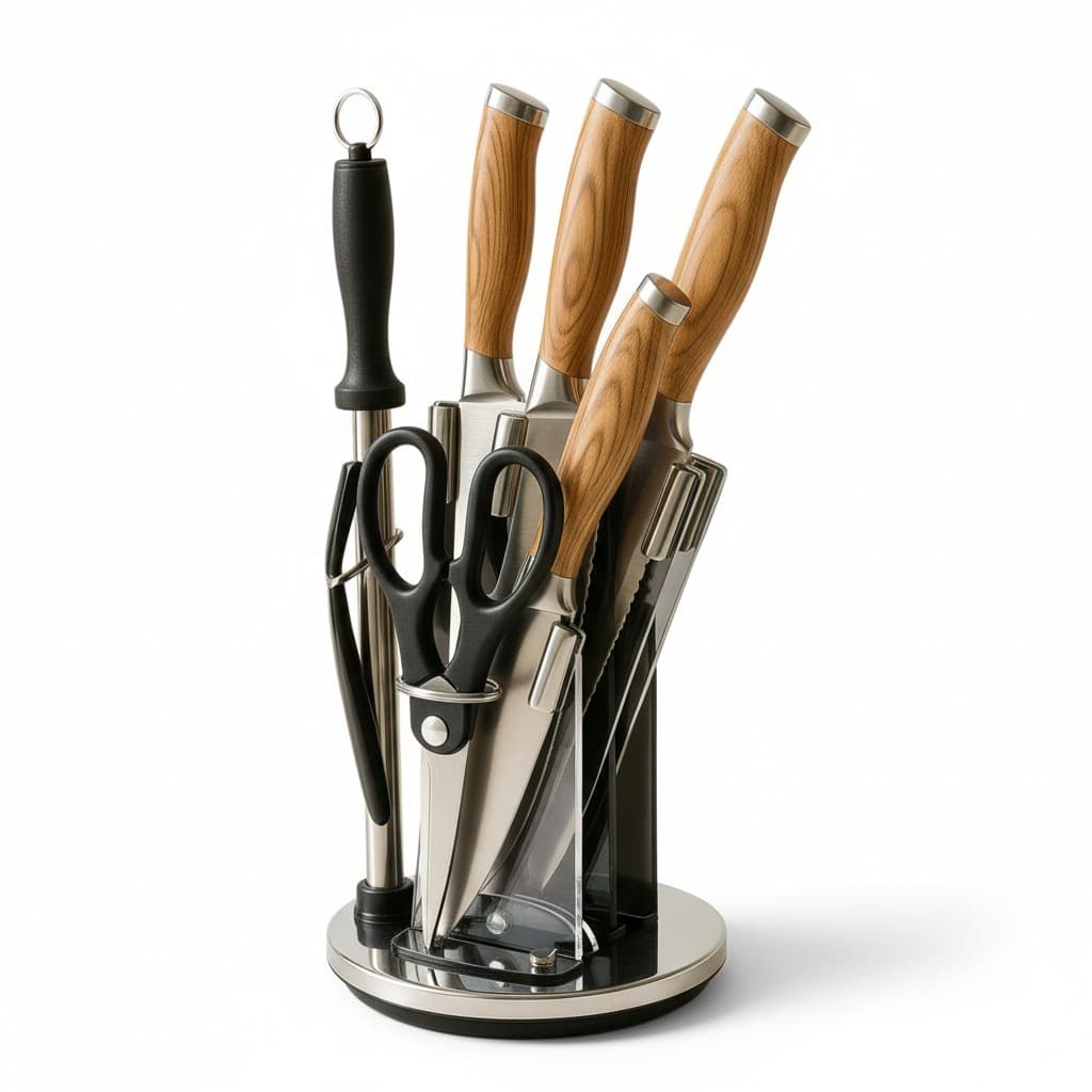 Faqueiro com Suporte Giratório e Design Moderno Cabo Estilo Madeira AliDoLado