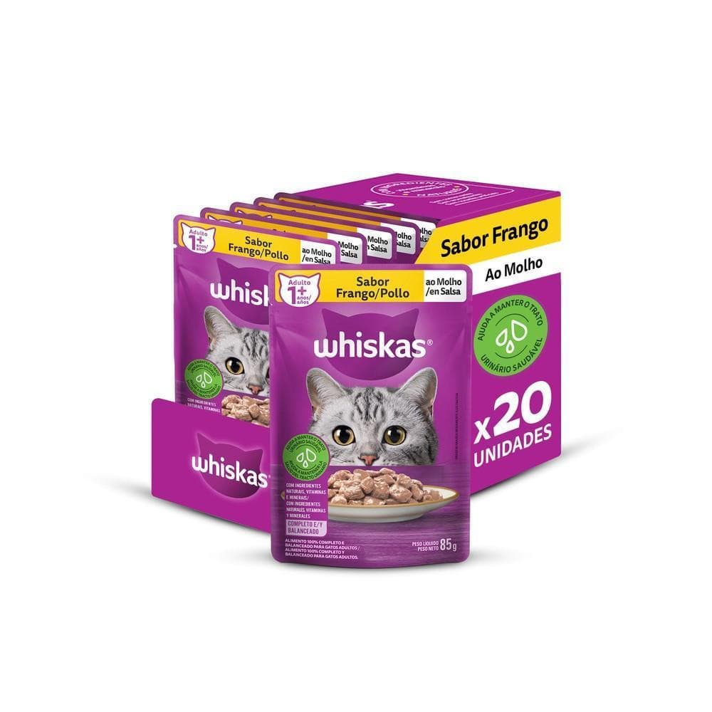 Kit Ração Úmida Frango ao Molho para Gatos Adultos 20 Unidades Whiskas Sachê