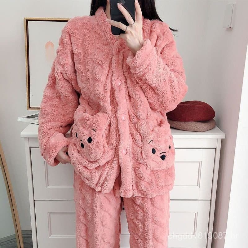 Conjunto de 2 peças pijamas femininos outono inverno pijamas femininos de lã Coral pensando estudante