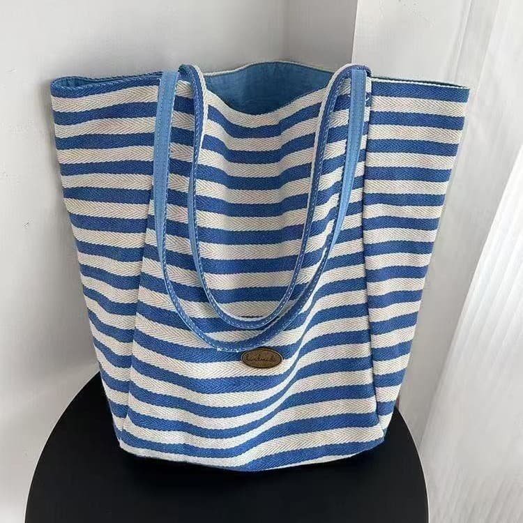 Sacola De Lona Listrada Bolsa De Ombro De Grande Capacidade Para Viagens Escolares Femininas