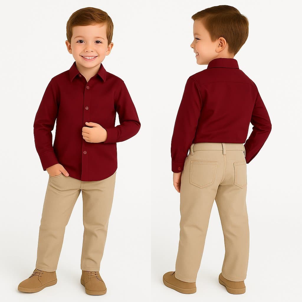 Camisa De Botão Social Sem Bolso Infantil Lisa Manga Longa Algodão