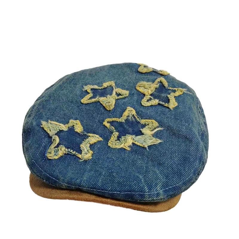 Bonés de Jornaleiro de Denim Retrô com Estrelas Bordadas, Boné com Viseira, Boina de Cowboy Lavada Retrô, Boné de Topo M
