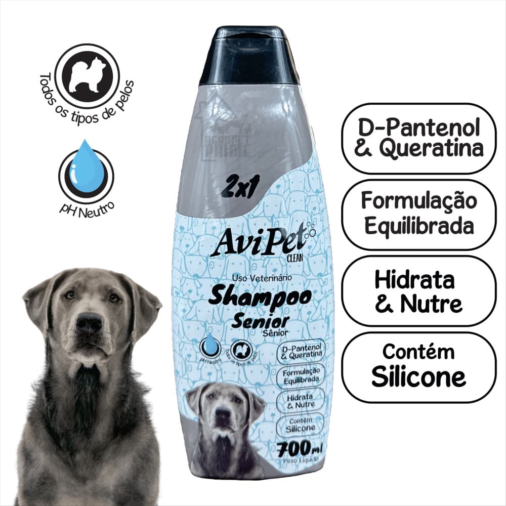 Shampoo Mais Idade Cães 700ml Avipet (Limpa, Condiciona, Hidrata, Revitaliza, Nutre e Brilha)