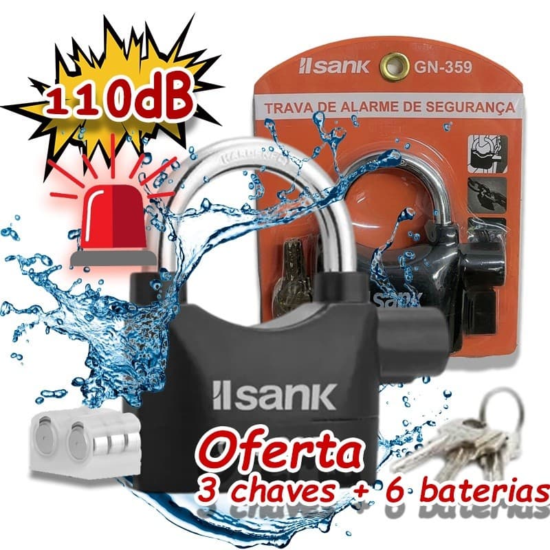 Cadeado Alarme Sonoro Antifurto Moto Trava Disc Portão Curto 3 Chaves + 6 baterias