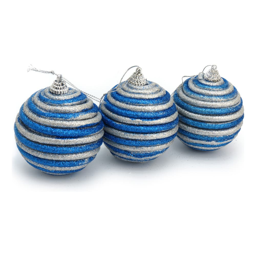 Kit 6 Bolas Para Arvore De Natal Prata E Azul Listrado 8cm