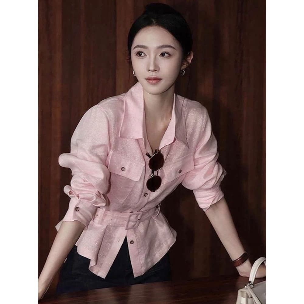 Tops de Bourgeoisie de alta qualidade para camisas de manga comprida rosa de luxo leve com sensação de alta qualidade e