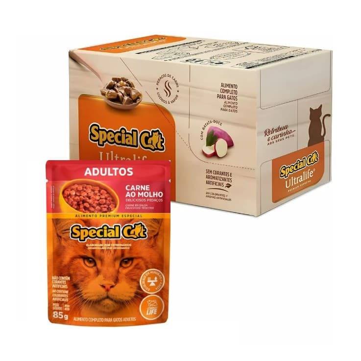 Kit 12 Sachês Ração Úmida Premium Special Cat para Gatos Adultos Carne 85g