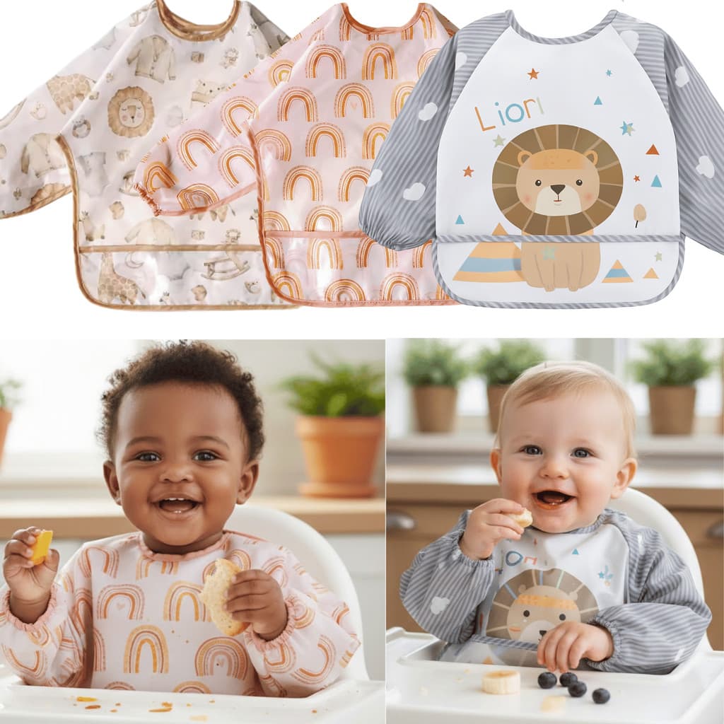 Babador Impermeável com e sem Mangas para Bebê BLW Introdução Alimentar Cata Migalhas Menino Menina