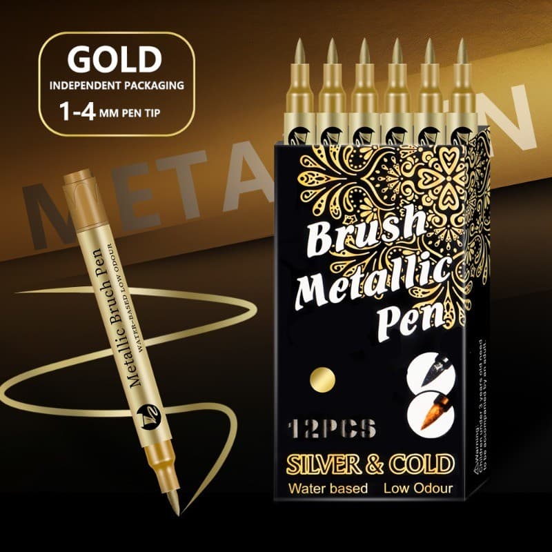 Canetas Metálicas Kit 12 Peças Prata e Dourada para Papelaria e Artesanato Uso Escolar/Profissional/Artístico-NOVO