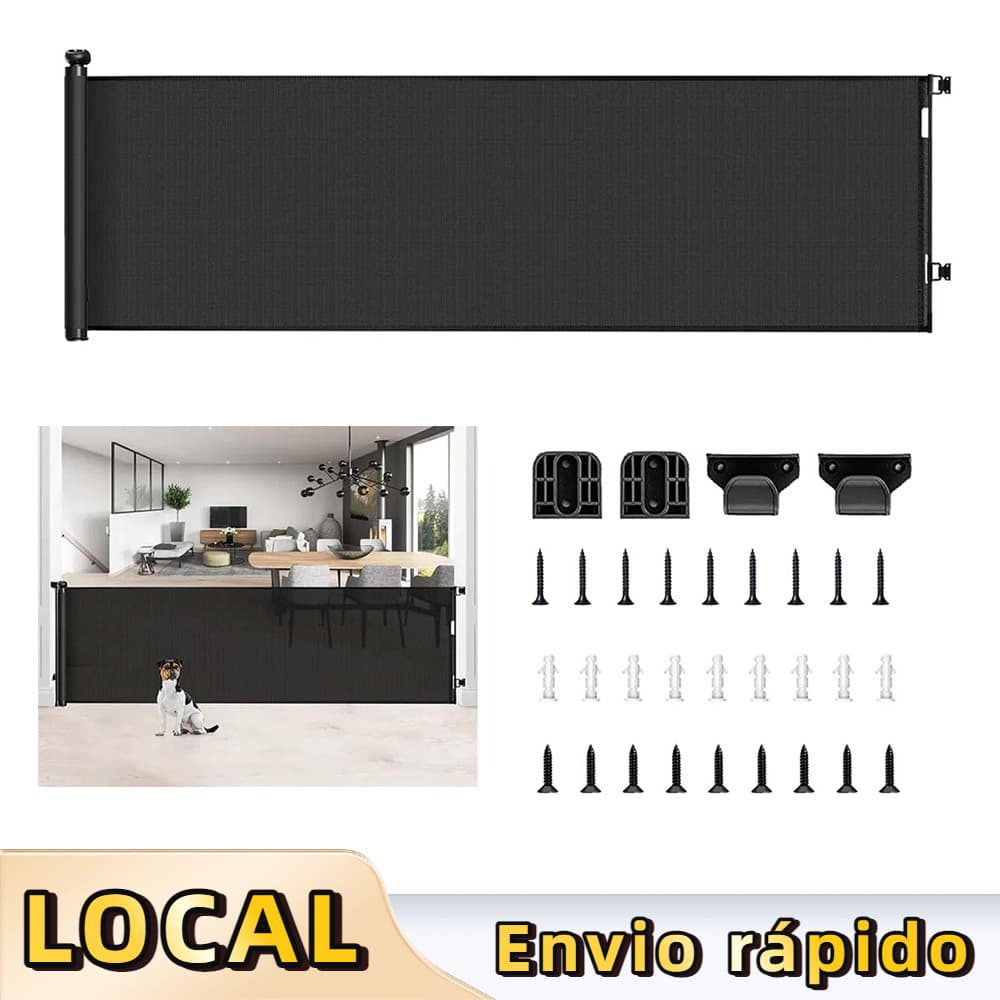 Portão retrátil para bebês 300x86cm Preto – Grade de Proteção Retrátil, para Escadas e Áreas Externas