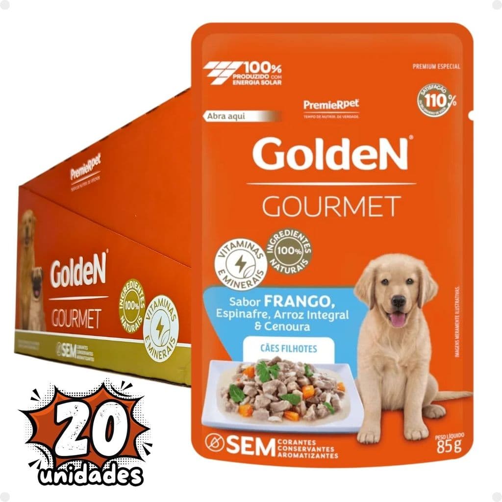 Kit 20 Sachês Golden Gourmet Cães Filhotes Sabor Frango 85g