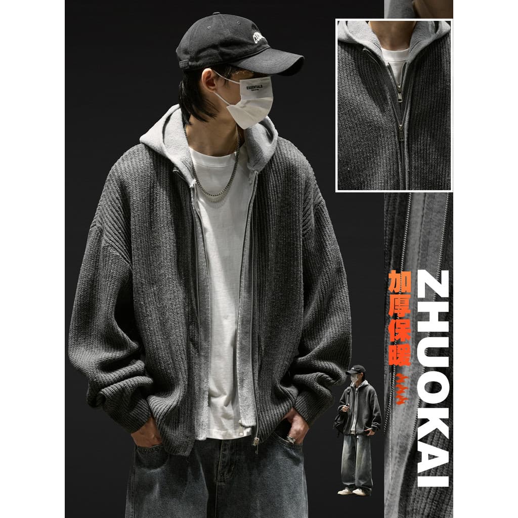 Suéter falso com capuz de duas peças masculino outono inverno estilo preguiçoso malhas meninos suéter de cor sólida inve