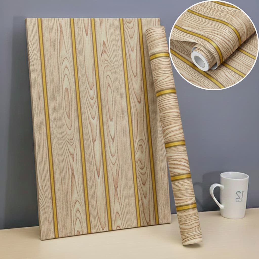 Papel De Parede 5 Metros Com Relevo 3D Decoração De Parede Moderna Com Textura Retrô Cor Madeira Com Linha Dourado