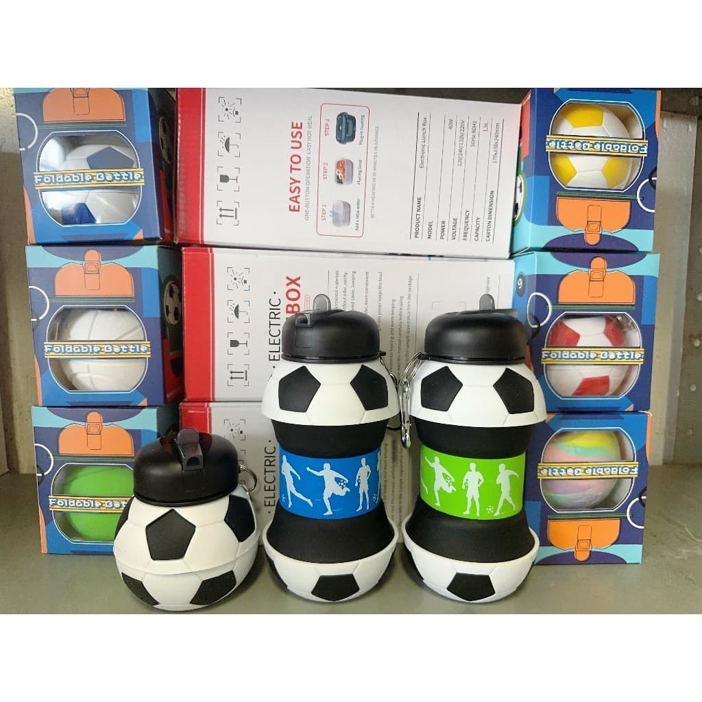 kit ate 20 Garrafa Água Infantil Bola Dobrável 550ml Squeeze Futebol Basquete Flexível Retrátil Decoração Alça-BYB