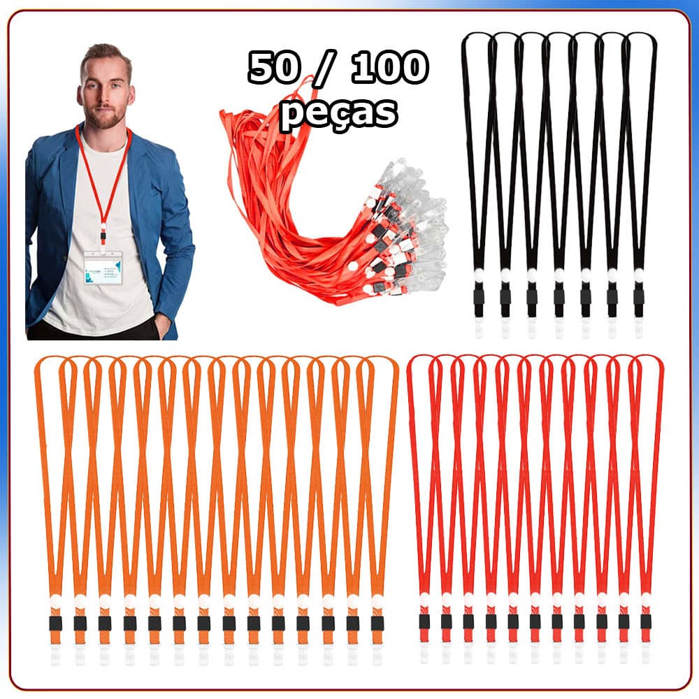 Cordões Porta Crachá Cordão - Cordão para cartão de identificação com clipe Lanyard Suporte Poliéster - 50/100 uni