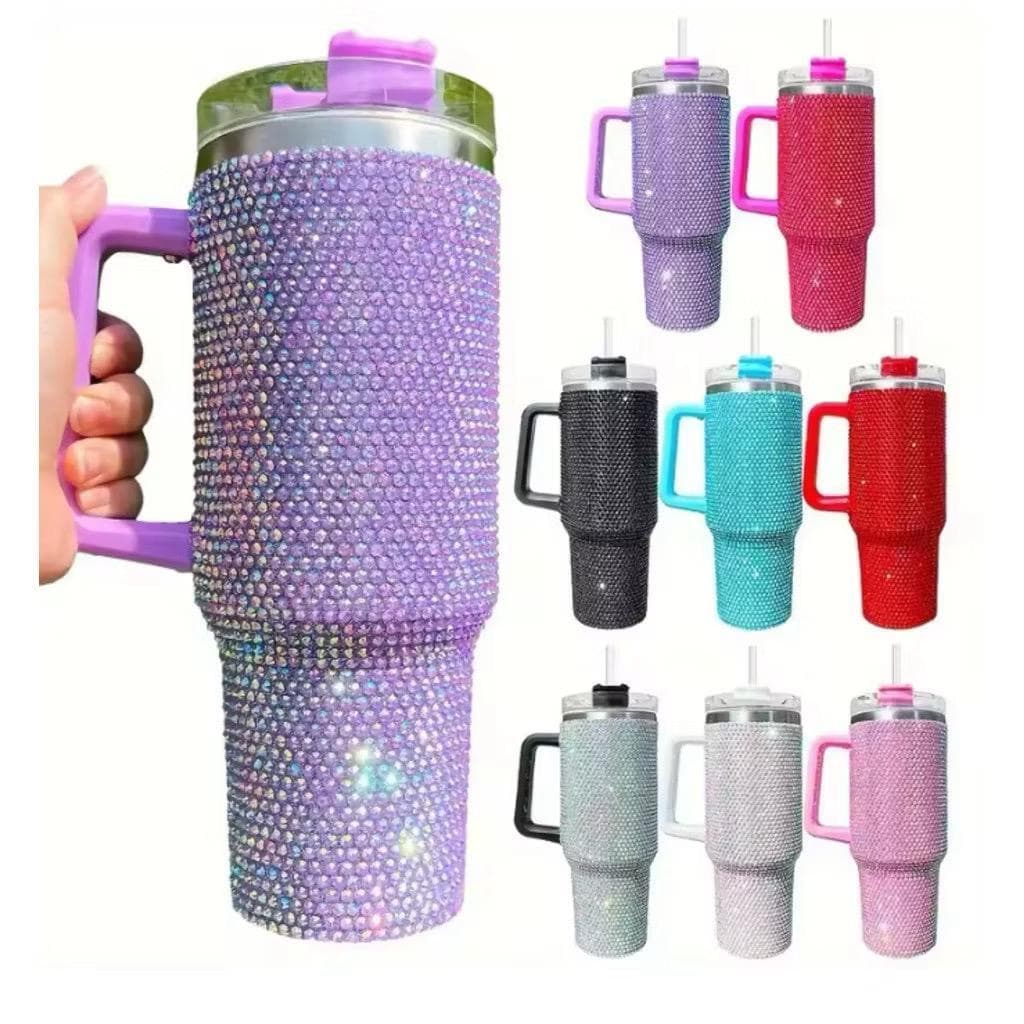 Novidade!  Térmico 1200ml Copo Com Strass Brilhante Com Alça Tampa E Canudo de Plastico