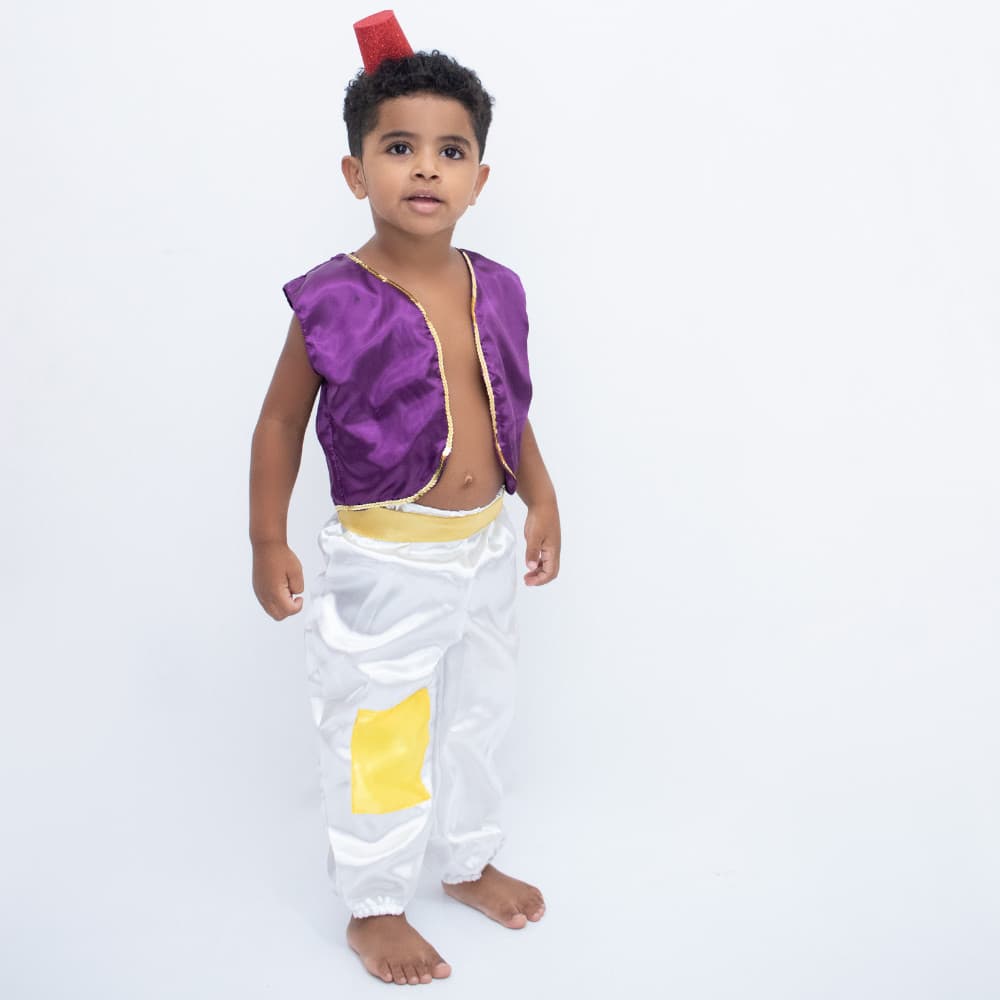 Fantasia Aladdin infantil com calça, cinto e colete perfeita para aniversário de meninos