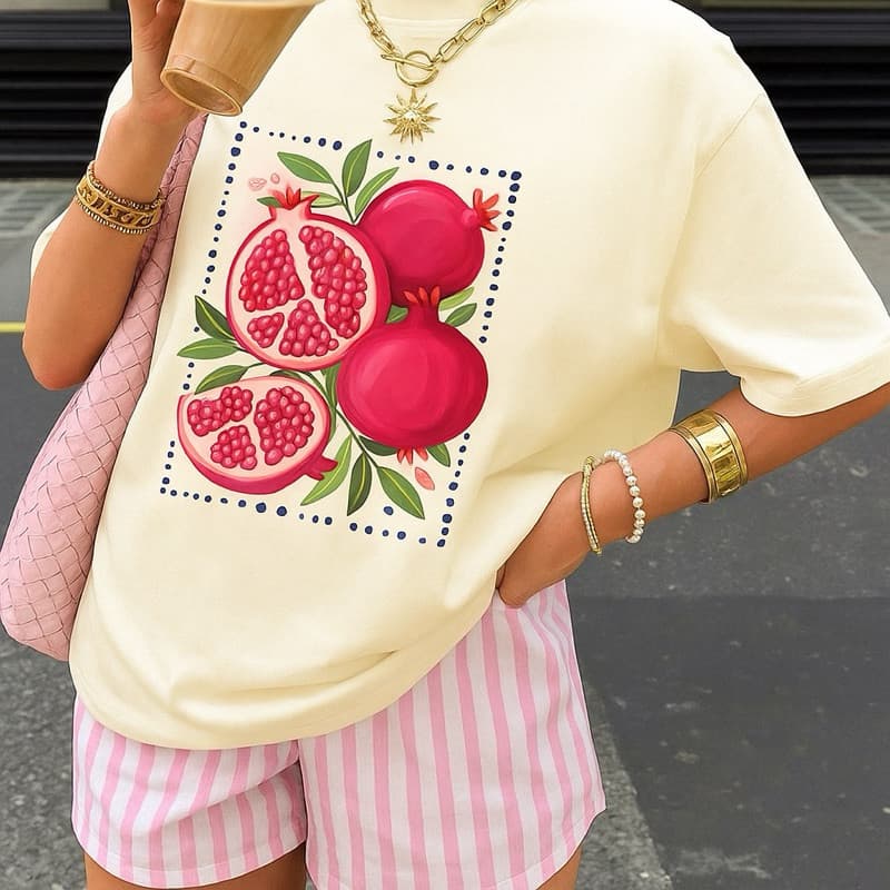 Camiseta Feminina Estampa Romã Frutada Estilo Verão Look Fashion e Casual