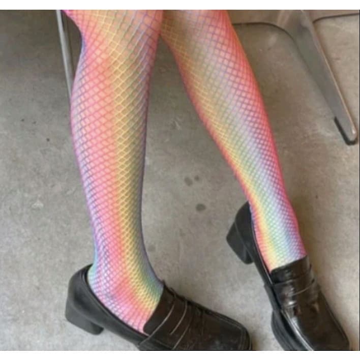 Meia Calça Arrastão Colorida Cos Alta Fantasia Carnaval Arco iris Adulto